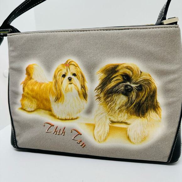 Shih Tzu Handbags - Shih Tzu Cream Shoulder Strap Purse Bejeweled Two Light Brown Dogs Zip Up Bag